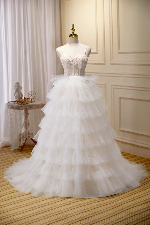 Wholesale Champagne Sweetheart Layers Princess Dress Spaghetti Straps Tulle Formal Gown